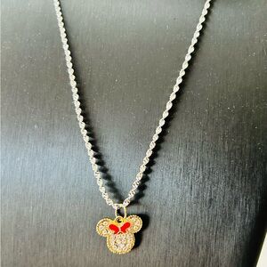 Cute Mouse Crystal Pendant Fashion Necklace with Red & Gold Enamel Accents